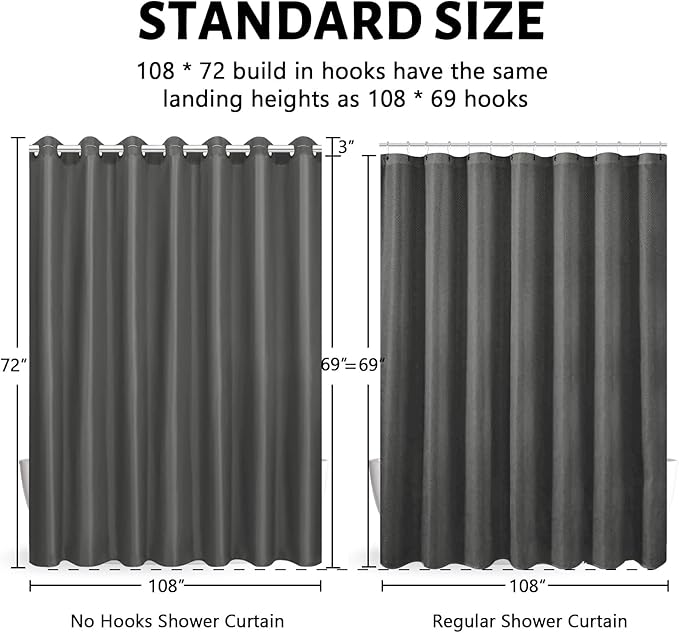 Furlinic No Hook Extra Wide Shower Curtain,Polyester Fabric Shower Curtain Liner with 14 Plastic Split Grommets,Hotel Style Machine Washable & Waterproof Curtains for Bathroom,Dark Grey 108x72 Inch