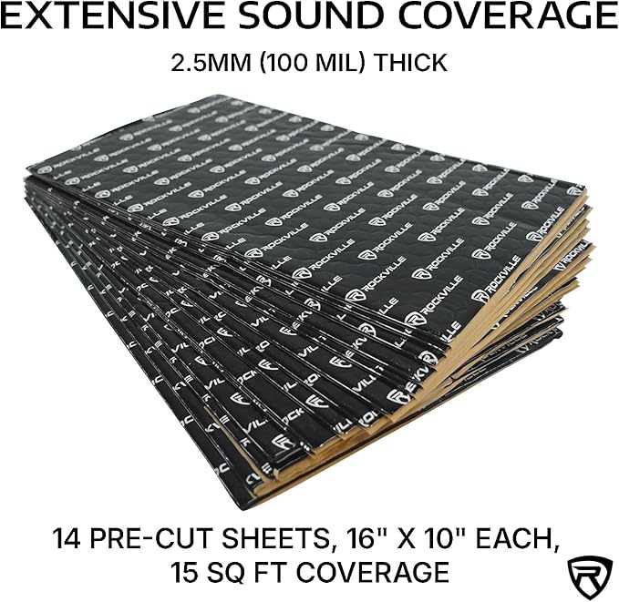 Rockville RockMat 15-25 2.5MM 100 MIL Sound Deadener Car Kit, 15.5 Sq Ft, 14 Flat Sheets, Roller Included, Heat Resistant, for Cars, Boats, UTVs, ATVs, Studios