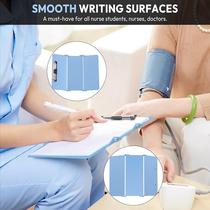 Nursing Clipboard Foldable Without Edition Cheat Charts, 3 Layers Aluminum, Nurse Board w/Low Profile Clip&Pen Clip Pocket, Light Blue