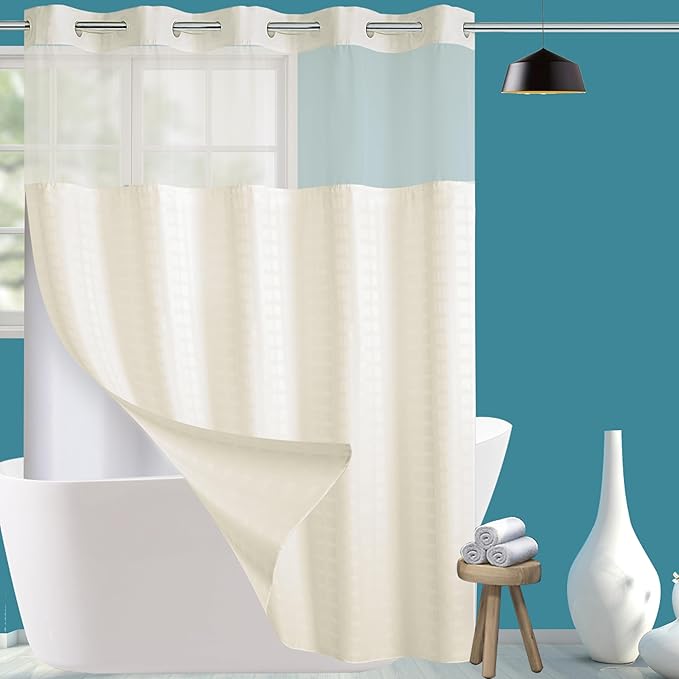 Conbo Mio Extra Long No Hook Shower Curtain with Snap in Liner Set, Hotel Luxury Beige Shower Curtains for Bathroom with See Through Top Window, Waterproof, Washable 71W x 84H