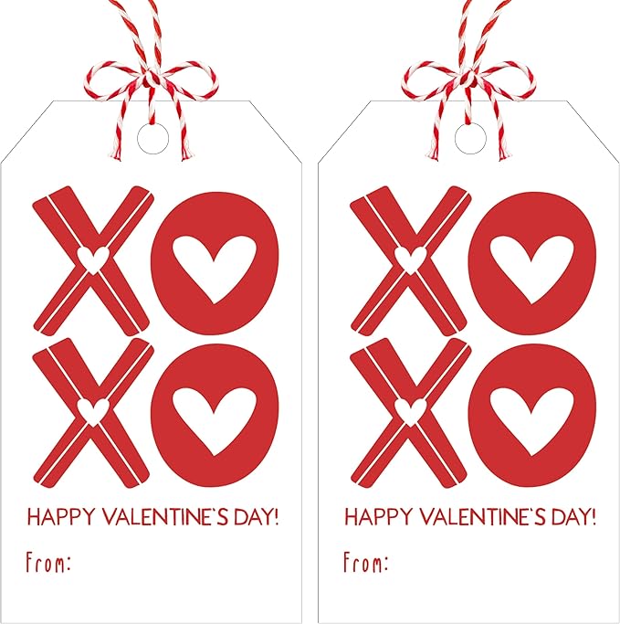 Happy Valentines Tags for Bags, 50Pcs Valentine Gift Label with String, Sweet Themed Party or Valentine' Day Thank You Gift Tags Great for Party Favors-XOXO