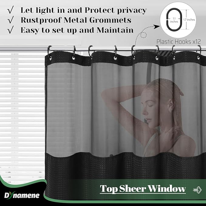 Dynamene Extra Long Shower Curtain, 84 Inch Long Waffle Fabric Shower Curtain for Bathroom, Tall Waterproof Cloth Shower Curtain Liner Set with Hook, Snap in Liner, Mesh Top Window, Black, 72x84