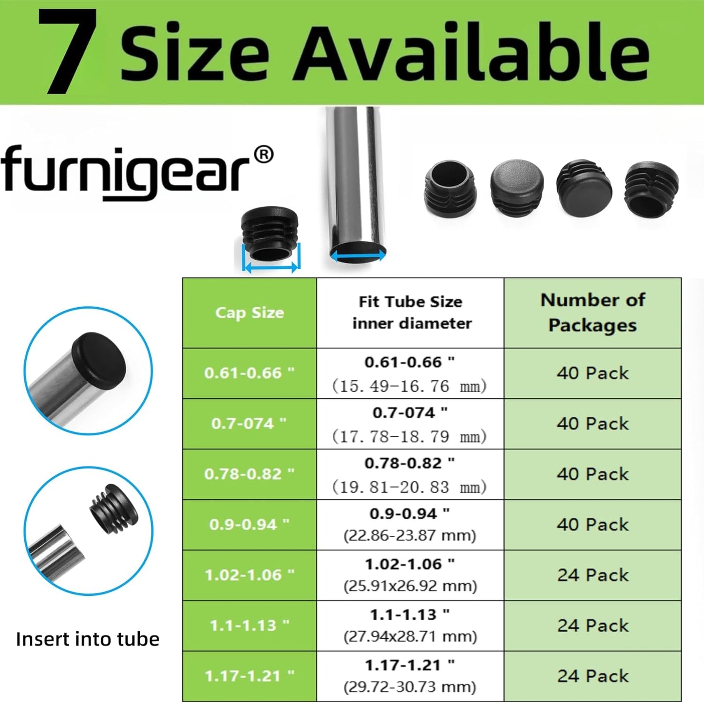 Furnigear Plastic Plugs Tubing End Caps Chair End Caps 1 3/16" Outside Bottom Round Tubing Caps Round Furniture Sliders Glides Black (Fit 1.1-1.13" Tube Inner Diameter, 24pack)