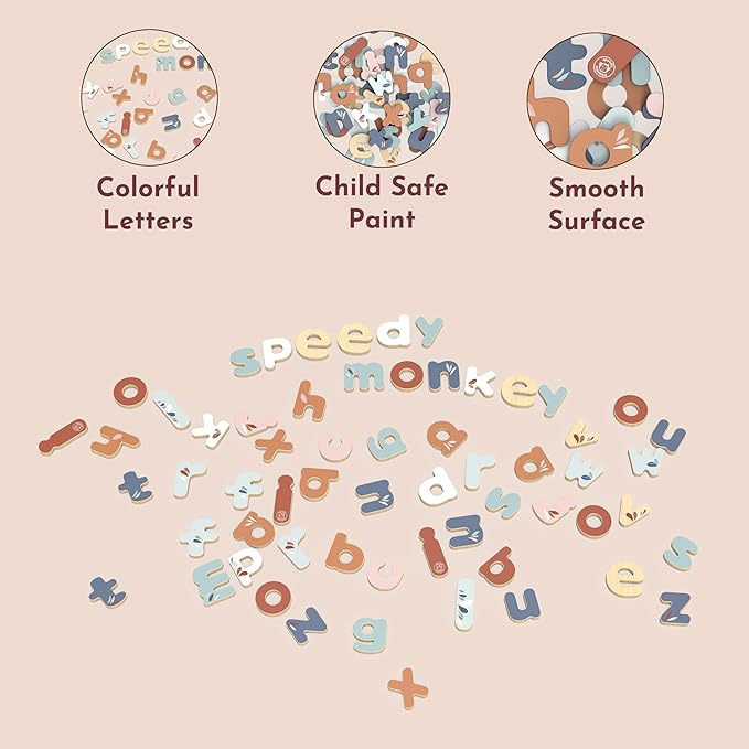 SPEEDY MONKEY Multicolor Magnetic Letters Set – 60 PCS FSC Wooden Lowercase Alphabet Magnets for Kids, Fun Educational Toy for Toddlers & Preschoolers, ABC Learning Tool Kit for Whiteboard & Classroom