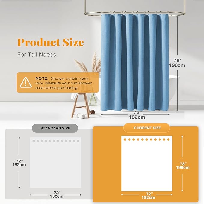 BTTN 78 Inch Long Shower Curtain - Blue Linen Textured Thick Weighted Fabric Shower Curtain Set with 12 Hooks, Tall Neutral Waterproof Polyester Shower Curtains for Bathroom - 72x78 - Moonlight Blue