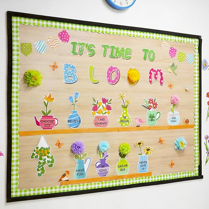 Spring Bulletin Board Decorations for Classroom - It's Time to Bloom Bulletin Board Set with 3D Paper Flower Cutouts Motivational Decorations for Spring Summer School Home Chalkboard Door Wall Supply