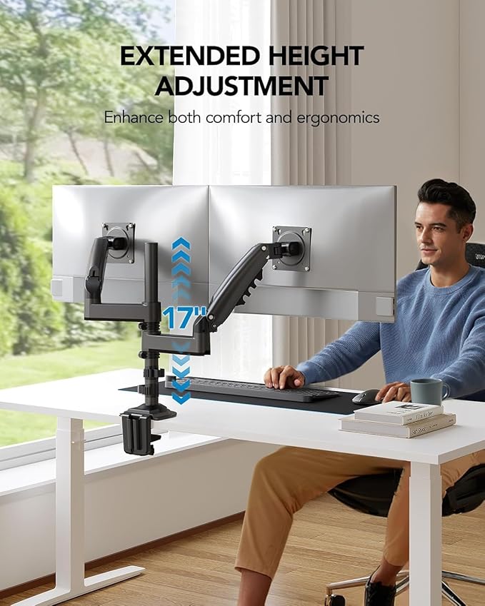 HUANUO 17-32 Inch Dual Monitor Stand, NITROGLIDE™ Dual Monitor Mount, Monitor Stand 2 Monitors, Ergonomic Adjustable Tilt/Swivel/Rotate, Weight Max 19.8 lbs, VESA 75/100mm