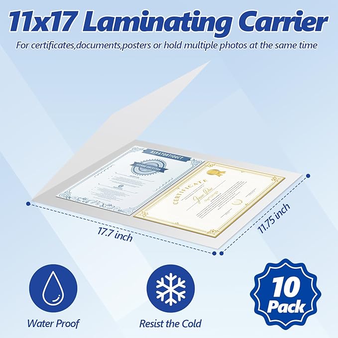 10 Pack 11.75 x 17.7 Inch Laminator Carrier Sleeve Tabloid Size Thermal Laminating Carriers Sheets Protection Thermal for All Brand Laminating Pouches Certificates Documents Posters Photos Cards