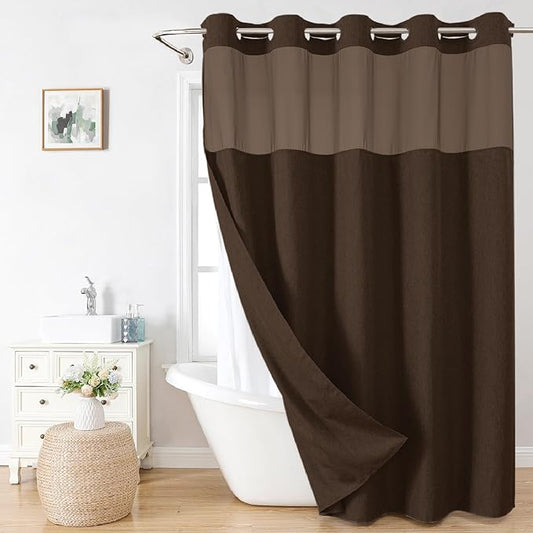Extra Long No Hooks Needed Linen Textured Shower Curtain with Snap-in Fabric Liner Set,White Hotel Luxury Decor Shower Curtains for Bathroom,Waterproof & Washable,71Wx86H,Brown