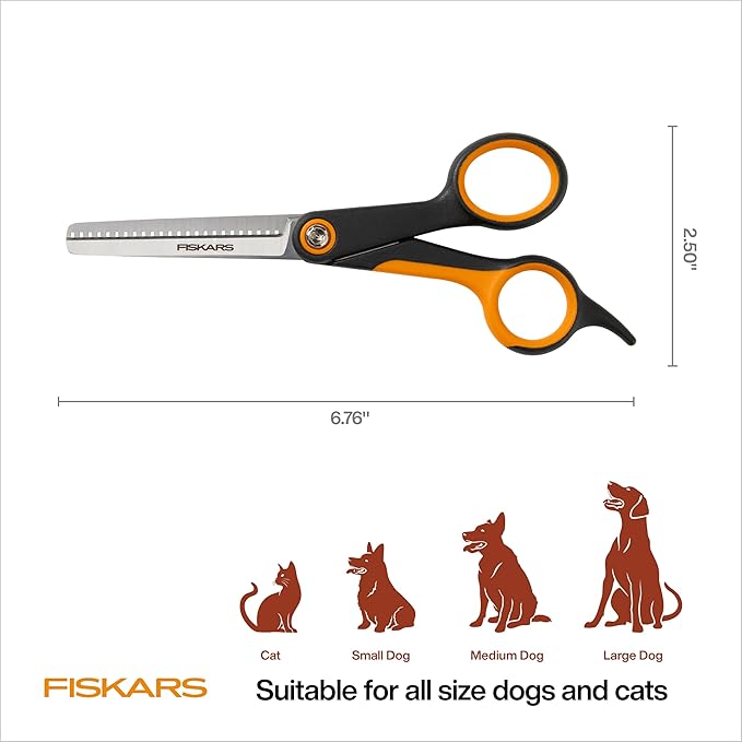 Fiskars Pet, Dog and Cat Grooming Scissors, Serrated Teeth for Thinning & SoftGrip Handle, Cat and Dog Supplies, 6.5”, Orange/Black, Blending Scissors