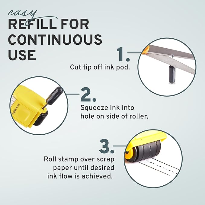 LEGILINER 1/2" Dashed Handwriting Line (Yellow) Teacher Stamp – Tri-Line Dashed Pattern. Classroom & Home Use. Refillable Ink Writing Practice Roller Stamp.