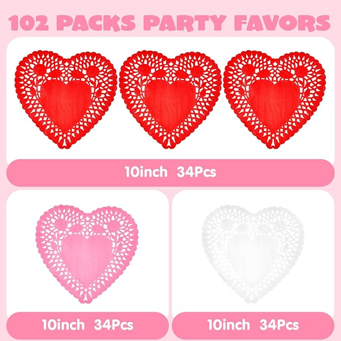 JOYIN 102 PCS 10" Valentines Day Heart Doilies, Tableware Decoration, Home Activitie, Kitchen Disposable Table Crafts, Red White Pink Heart Doilies