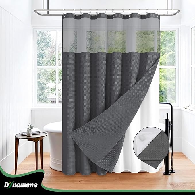 Dynamene Fabric Shower Curtain with Snap in Liner, Waffle Hotel Shower Curtains for Bathroom, Washable Waterproof Cloth Shower Curtain Liner Set with Hook, Mesh Top Window, 72x72, Charcoal Grey