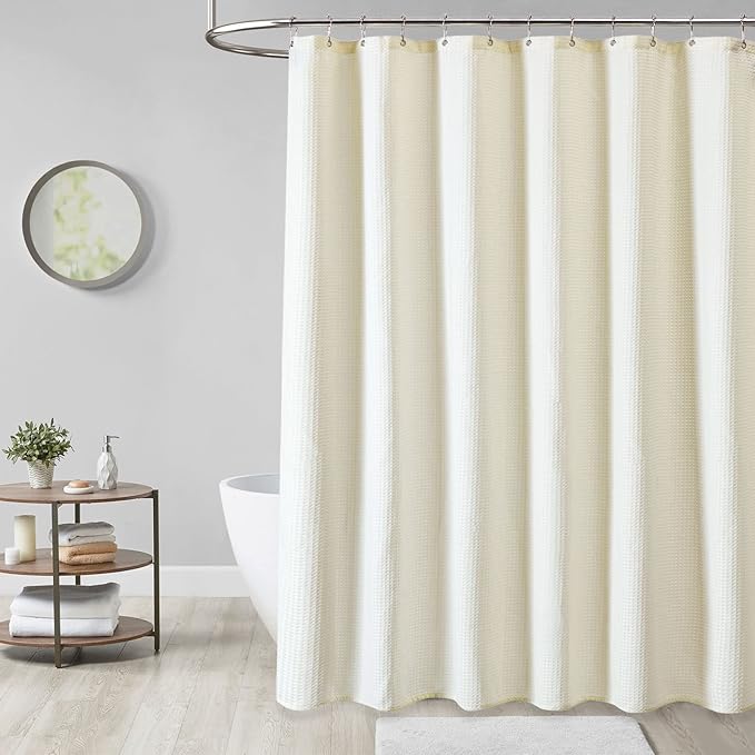 Dynamene Extra Wide Shower Curtain - 180 Inch Wide Waffle Weighted Thick Cloth Bathroom Shower Curtain, Neutral Heavy Duty Hotel Shower Curtain Set with 32 Plastic Hooks, 180x72, Cream/Ivory