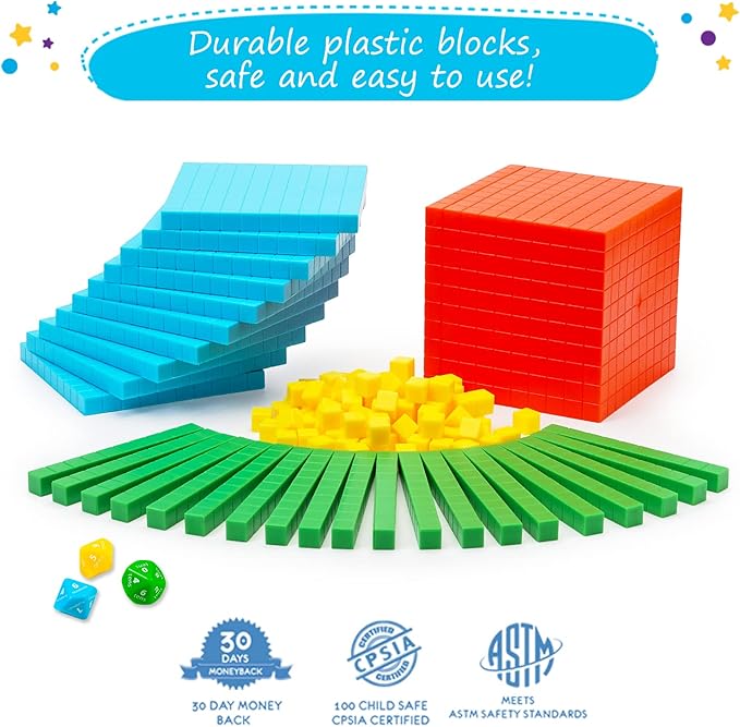 Simply magic 141 PCS Base Ten Blocks for Math - Math Manipulatives K-3, Unit Blocks 1st 2nd 3rd Grade, Counting Blocks - Kindergarten Set, Math Blocks Ones Tens Hundreds, Place Value Number Cubes