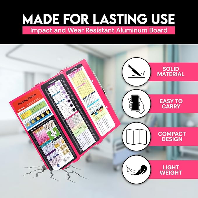 Nursing Clipboard Foldable with Medical Edition Cheat Sheets, 3 Layers Aluminum Foldable Clipboard for Nursing, Notepad for Students, Nursing School Essentials (Pink)