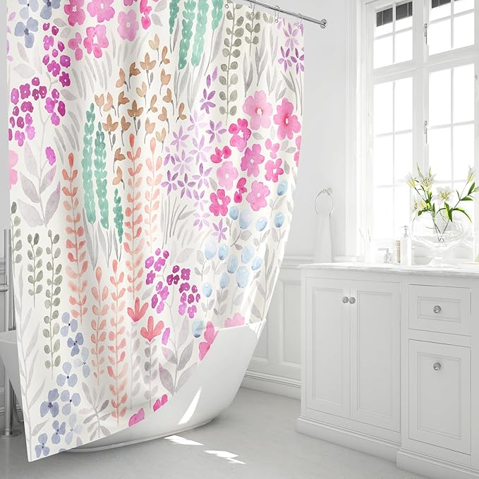Hot Pink Floral Shower Curtain 60x72, Cute Boho Flower Fabric Shower Curtain, Funky Watercolor Wildflower Shower Curtain Set, Cottagecore Bohemian Bathroom Decor