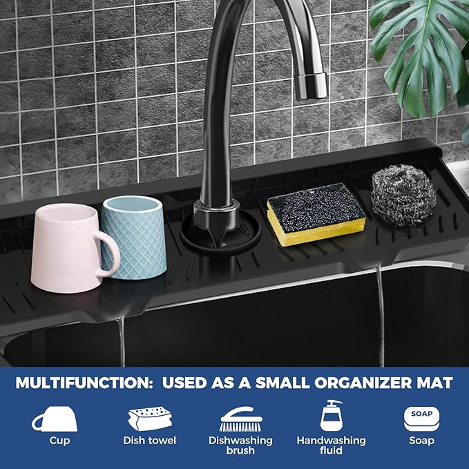 BFONS Kitchen Sink Faucet Splash Guard Plus Size Silicone Drying Mat Handle Drip Catcher Tray Dish Sponge Holder Accessories Protector Home Organization Gadgets Black: 23.4x5.7 in HJJDLSD-625