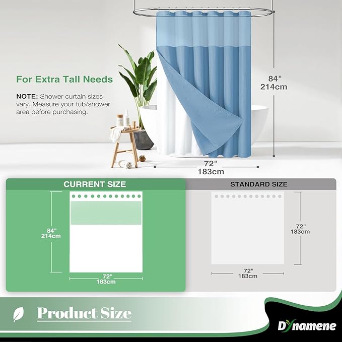 Dynamene Extra Long Shower Curtain, 84 Inch Long Waffle Fabric Shower Curtain for Bathroom, Tall Waterproof Cloth Shower Curtain Set with Hook, Snap in Liner, Mesh Top Window, Moonlight Blue, 72x84