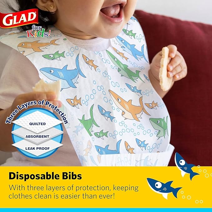 Glad for Kids Shark Disposable Paper Bibs with Crumb Catcher, Absorbent Leakproof Bibs for Toddlers and Babies, Mess Free Feeding, Crafts, Parties, and Travel Use, 30 Count - 24 Pack