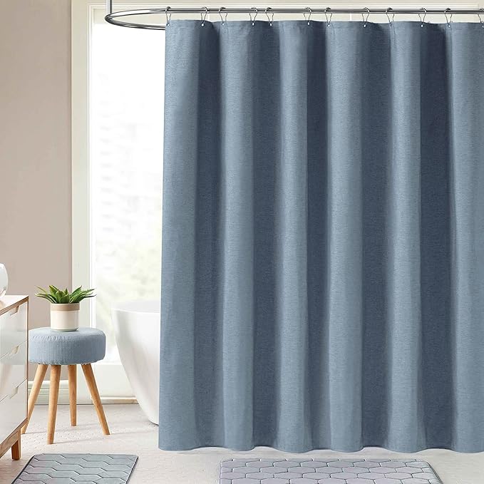 BTTN Stall Fabric Shower Curtain - 54x78 Inch Long Linen Textured Heavy Duty Thick Shower Curtain Set with 10 Plastic Hook, Hotel Spa Weighted Waterproof Neutral Bath Curtains for Bathroom - Blue Gray