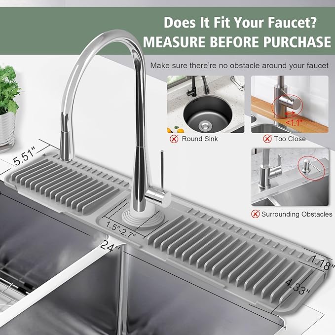 24-Inch Kitchen Sink Splash Guard Mat | 7° Slope for Fast Self-Draining | Snap-Lock Design | Universal & Cuttable Silicone Faucet Mat Gray