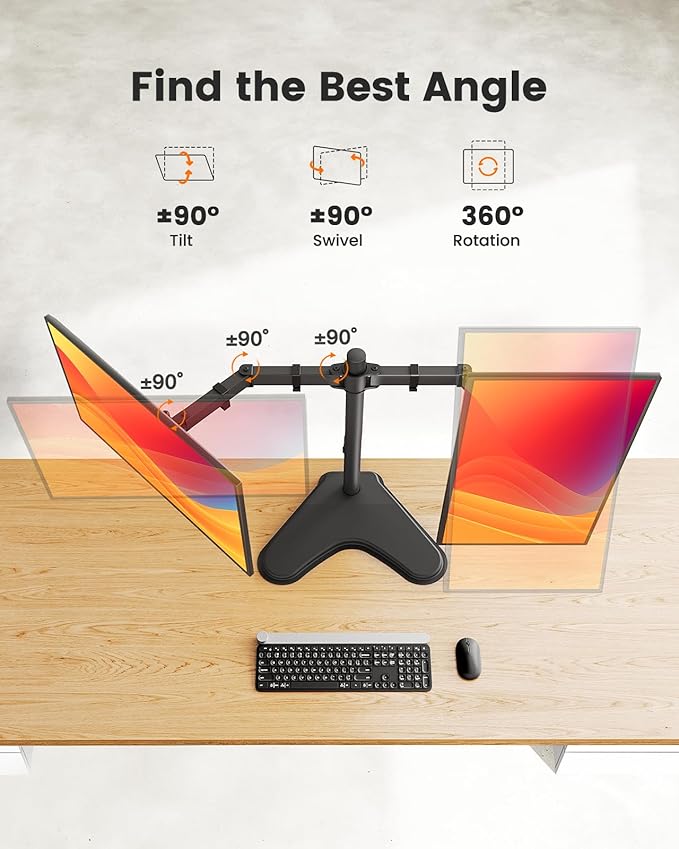 ErGear Freestanding Dual Monitor Stand for 2 Screens up to 32 inch, Heavy Duty Monitor Mount Holds Max 17.6 lbs per Arm, Height Adjustable Gaming Monitor Stand for Desk, VESA 75x75/ 100x100mm, Black