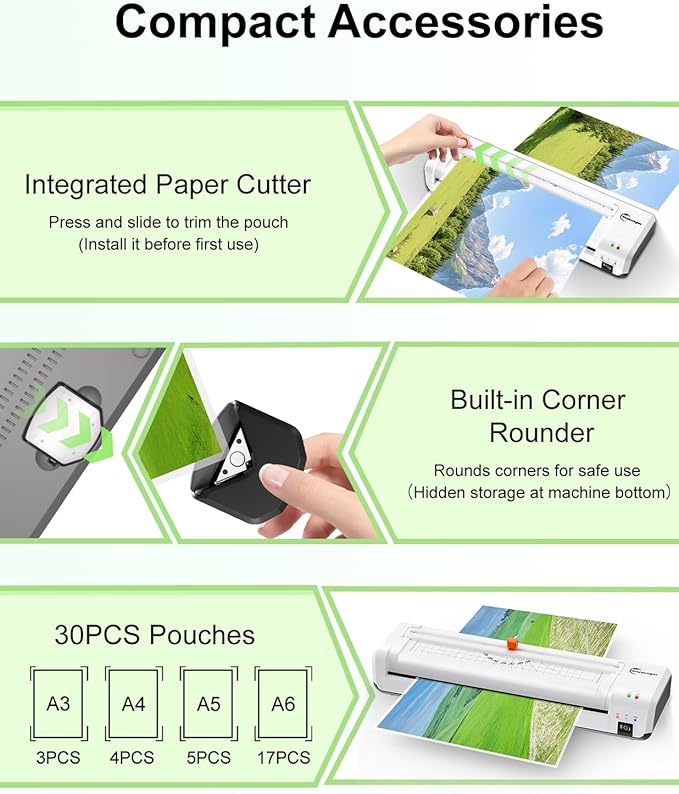 Laminator Machine, A3 Laminator Machine with 30 Laminating Sheets, 13 Inch Laminating Machine with Built-in Paper Cutter & Corner Rounder, Thermal and Cold 11X17 for Home School Office