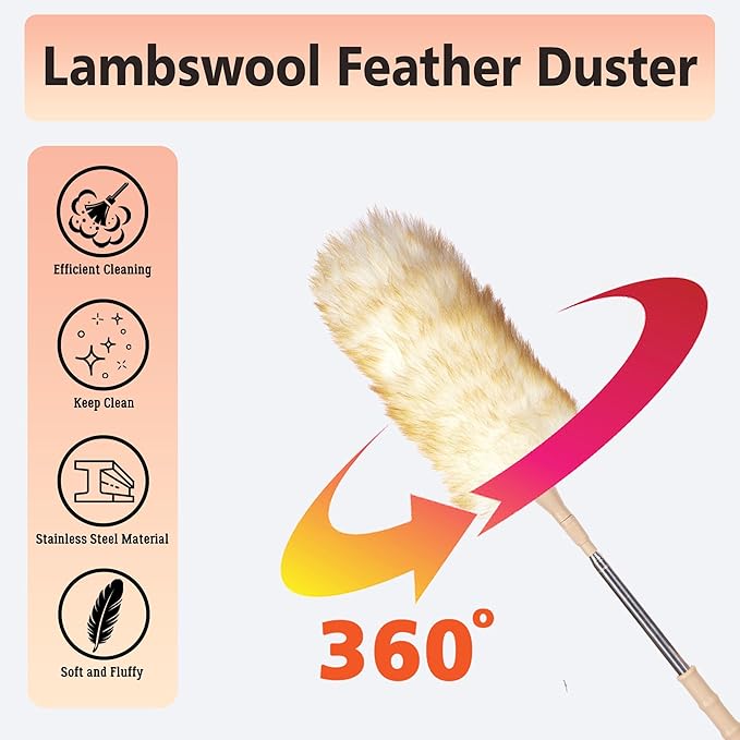 Cedenoo Lambswool Duster Extendable 22–55 Inch Natural Wool Duster with Flexible Head for Ceilings Furniture Blinds Electronics Washable Reusable