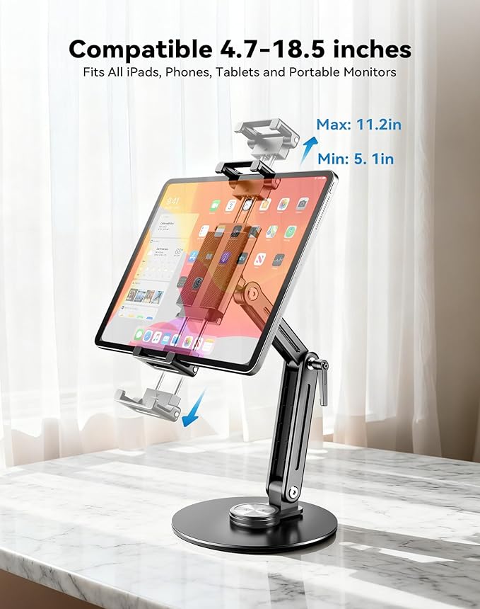 Portable Monitor Stand Large Clamp - Heavy Duty Aluminum Body support up to 4.4LBS 16" 17.3" 18.5 inch 360° Rotating Base Swivel Foldable Desk Stand for iPad Holder Tablet Mount for Kitchen/Travel