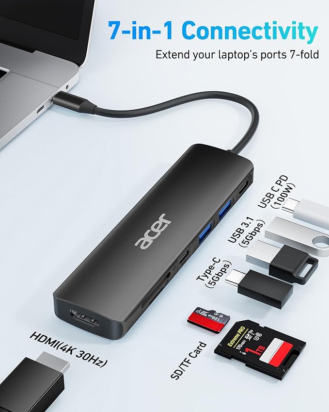 Acer USB C Hub, 7 in 1 USB-C to HDMI Dock, 2 USBA 3.1 GEN1 and 5Gbps Type-C Data Port, 4K HDMI Port, PD 100W Charging, SD Card Reader, for iPad Pro MacBook Pro Laptops and More (Black)