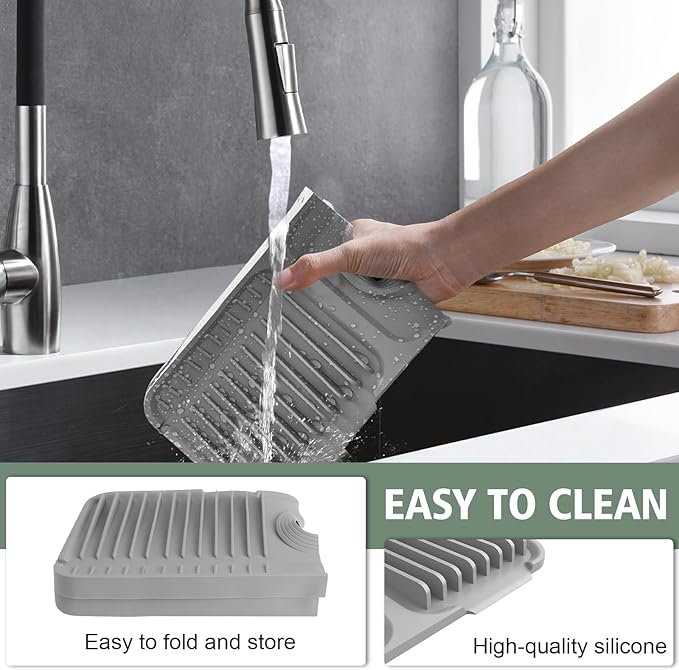 17.7-Inch Kitchen Sink Splash Guard Mat | 7° Slope for Fast Self-Draining | Snap-Lock Design | Universal & Cuttable Silicone Faucet Mat Gray