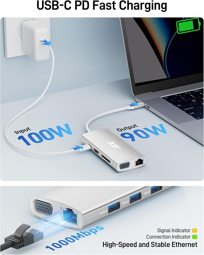 Acer USB C Hub with 4K HDMI, 9-in-1 USB C to Ethernet Adapter, 5Gbps USBA 3.0 Docking Station, VGA Splitter, SD Card Reader, PD 100W Charging for MacBook, Acer, Laptops, Surface and More (Silver)