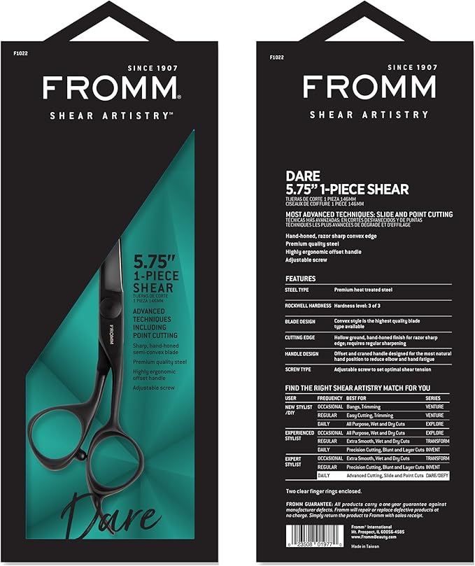 Fromm Professional Dare 5.75" 1-Piece Precision Slide & Point Hair Cutting Shears in Matte Black Japanese Steel Scissors with Semi-Convex Blade for Expert Salon Stylists