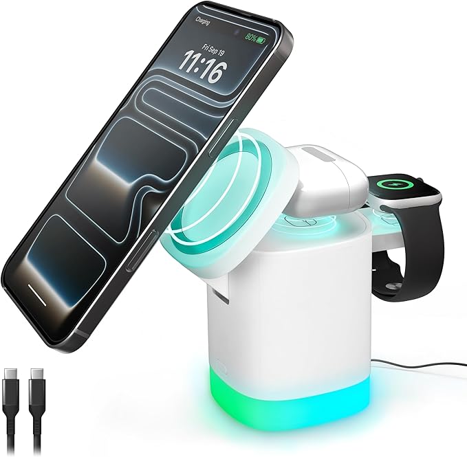 iHome 3-in-1 Wireless Charging Stand, 15W Fast Charge, LED Light, MagSafe Compatible, Foldable Design