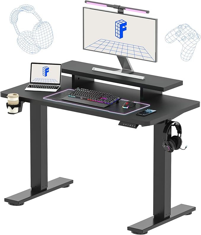 FLEXISPOT Standing Desk with Monitor Stand, 48 x 24 Inches One-Piece Electric Height Adjustable Computer Desk with Cup Holder, Home Office Desks (Black Frame+ Black Top)