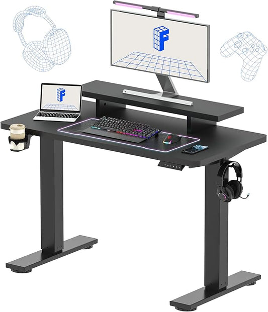 FLEXISPOT Standing Desk with Monitor Stand, 48 x 24 Inches One-Piece Electric Height Adjustable Computer Desk with Cup Holder, Home Office Desks (Black Frame+ Black Top)