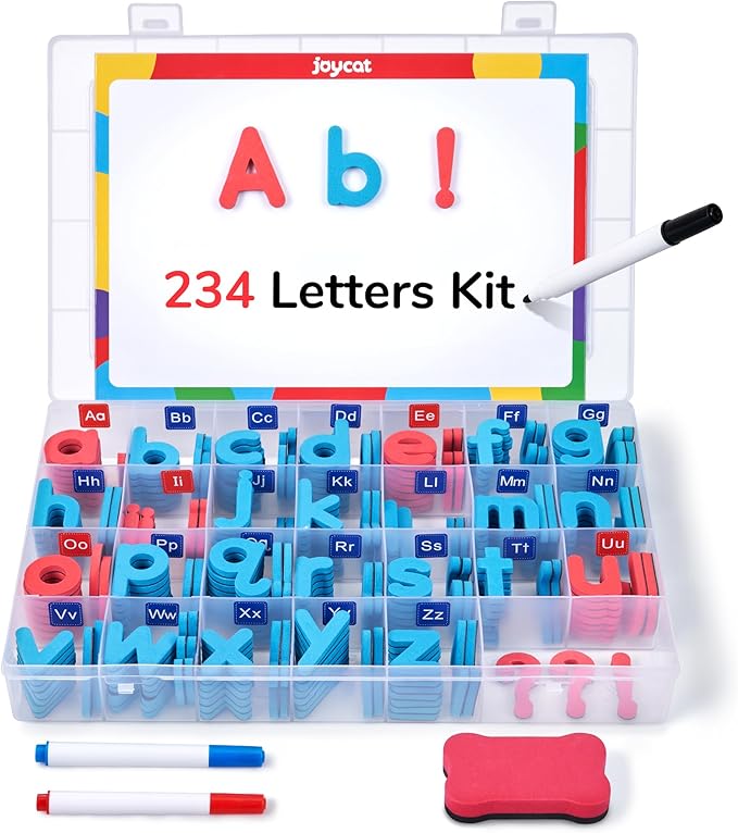 JoyCat Classroom Magnetic Letters Kit 234 Pcs with Double-Side Magnet Board - Foam Fridge Alphabet Letters for Kids Spelling and Learning, Homeschool Activity Pre-K Kid Learning Tool