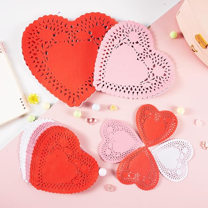 JOYIN 204 PCS Valentines Day Heart Doilies, Tableware Decoration, Home Activitie, Kitchen Disposable Table Doilies, Red White Pink Heart Crafts