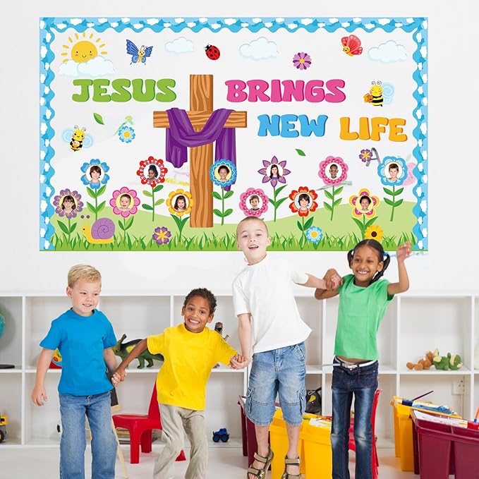 Christian Spring Bulletin Board Set Jesus Brings New Life Religious Cross Classroom Decor Lent Butterfly Flower Paper Cutouts DIY Photo Bulletin Board Border for Easter Church VBS Sunday School Decor