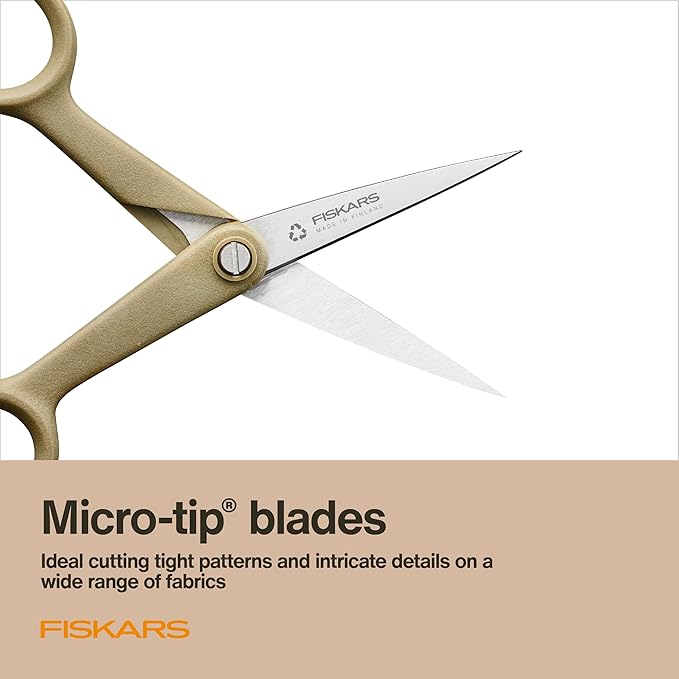 Fiskars 5" Recycled Micro-Tip Fabric Scissors - Sustainable, Sharp, Detail Craft Scissors for Embroidery and Sewing - Craft and Fabric Cutting - Beige