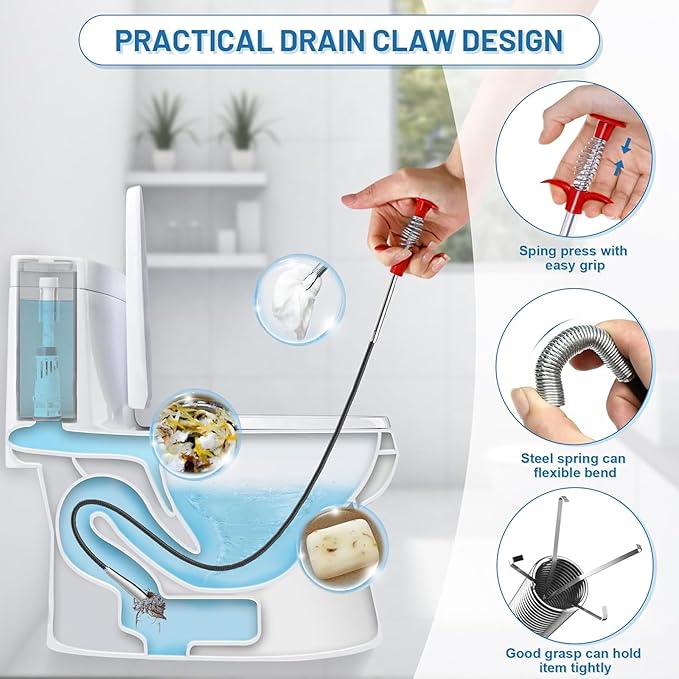 Drain Snake,76 inch Flexible Grabber Claw Pick Up Reacher Tool,Drain Clog Remover - Gutter Cleaning Tools for Home Sink, Bathroom Tub,Drain, Toilet, Tight Spaces