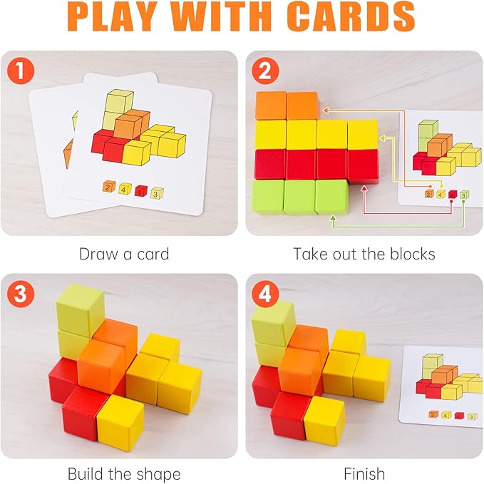 Wooden Cube Toy 16PCS Building Blocks for Kids 40 Pattern Cards and Storage Pouch, 4 Colors 3D Space Stacking Game STEM Educational Preschool Learning Sensory Toy Counting Math Color Cognition
