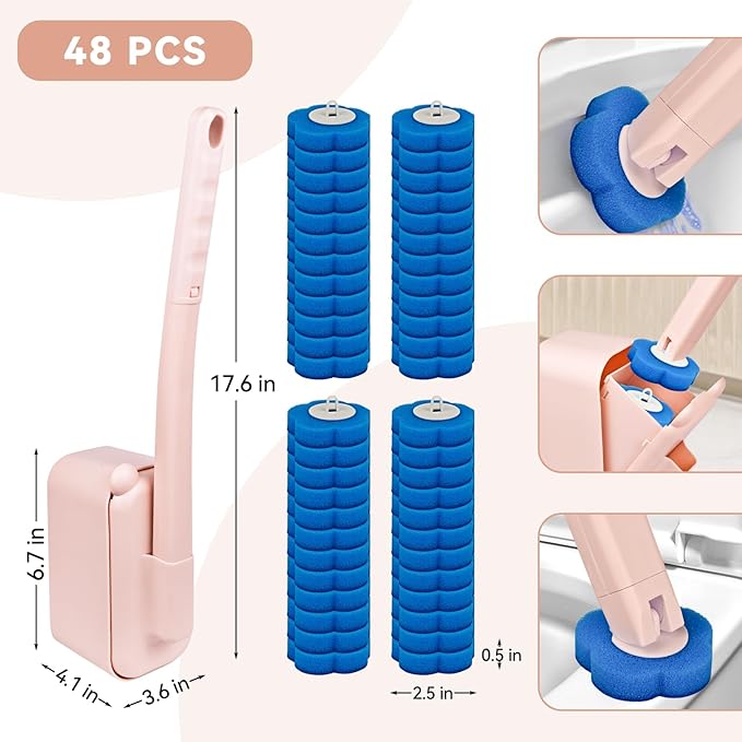 Disposable Toilet Brush Toilet Bowl Cleaner,Toilet Cleaning Supplies,Toilet Bowl Brush,Toilet Cleaner Brush,Toilet Brush with Holder,48 Refills for Cleaning and Hygienic Bathroom Maintenance (Pink)