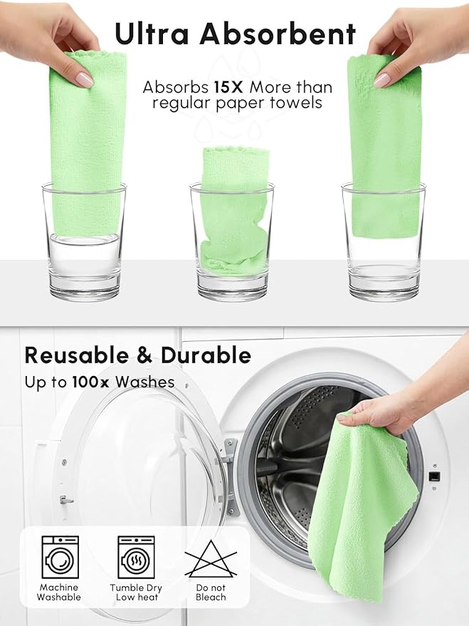 Microfiber Cleaning Cloths Roll, 75 Pack Tear Away Microfiber Towels Roll, 12" x 12" Lint Free Rags, Reusable Cleaning Cloths, Washable, Scratch Free,Ultra Absorbent Dish Rags(Green)