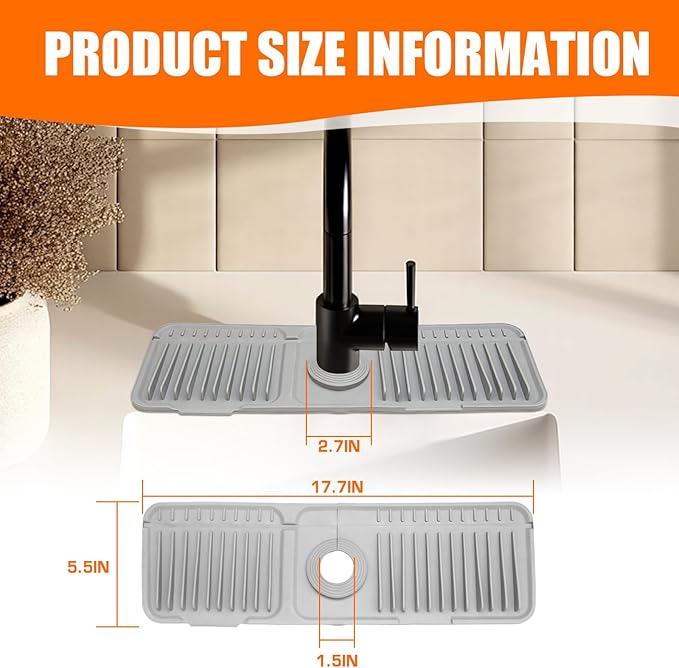 17.7" Gray Silicone Faucet Mat with Button Style Design – Longer Drip Catcher Tray & Sink Splash Guard, 6° Slope Behind Faucet Mat | Easy Kitchen & Bathroom Sink Protector
