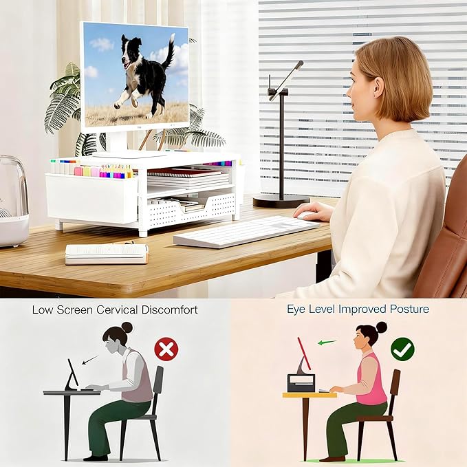 OPNICE Desk Organizers and Accessories, 2-Tier Computer Monitor Stand Riser with Drawer and 2 Pen Holders, Laptop Stand, Office Desk Accessories for Office Supplies, White