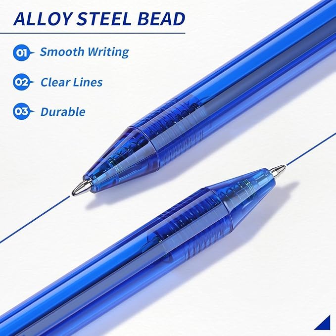 Blue Pens Bulk, 60 Pack Retractable Ballpoint Pens, Blue Ink 1.0mm Medium Point Smooth Writing No-Smear, Multipack Click Pens for Teachers, Students, Servers, School & Office Supplies