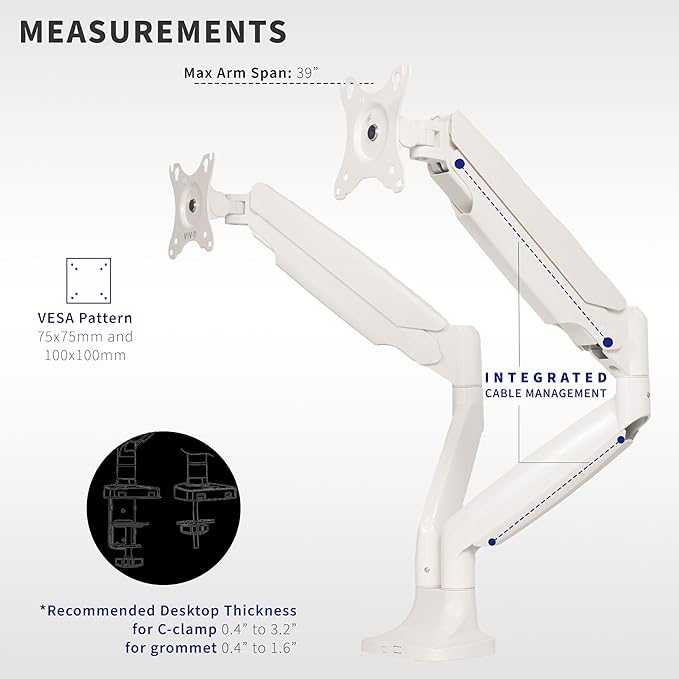 VIVO Premium Aluminum Heavy Duty Dual Monitor Arm for Ultrawide Monitors up to 40 inches and 32.5 lbs Each, Desk Mount Stand, Pneumatic Height, Max VESA 100x100, White, STAND-V202QW