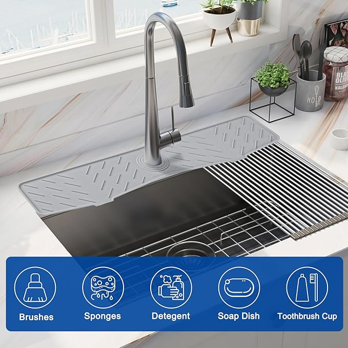 Meiliweser Faucet Mat for Kitchen Sink – 24” x 5.1” Extra-Long Silicone Splash Guard with 10° Slope & Upgraded Drainage – Gen 3 Sink Water Catcher & Sponge Holder for Kitchen, Bathroom (Gray)